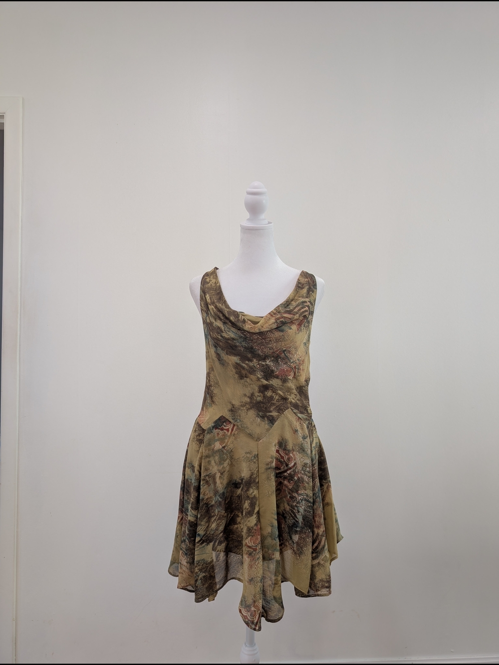 Silence + Noise sleeveless Floral Cowl Neck Mini Dress in Olive